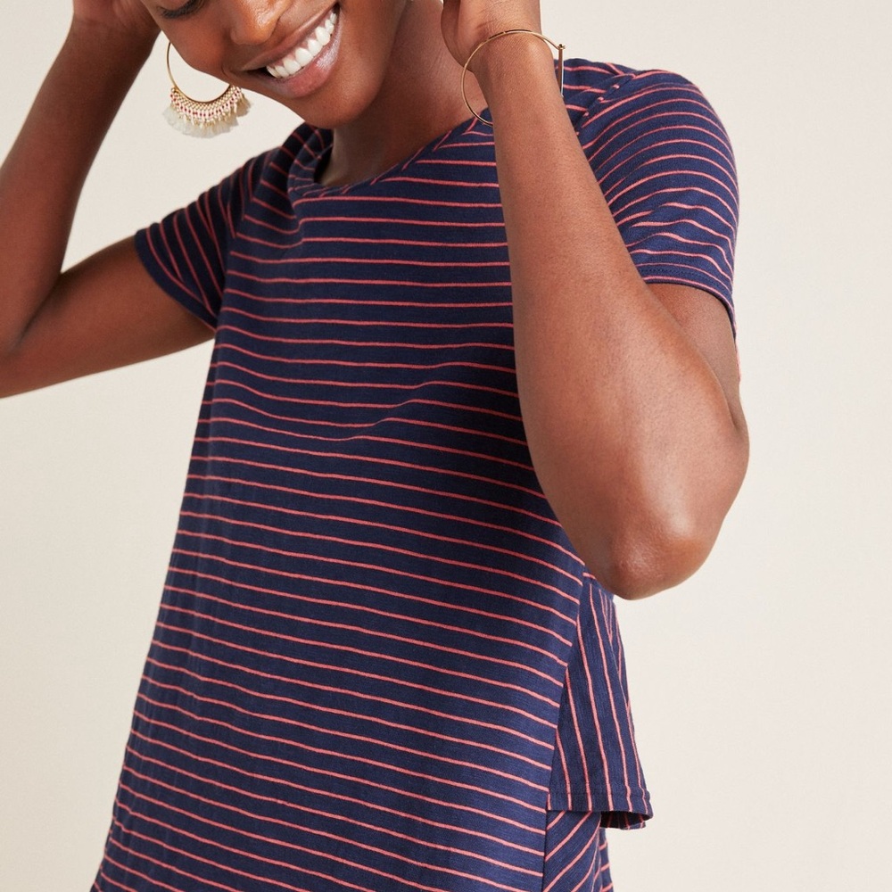 Anthropologie “Laura” Ruffled Back Navy w/Pink Stripe  T-Shirt- Size XL - EUC